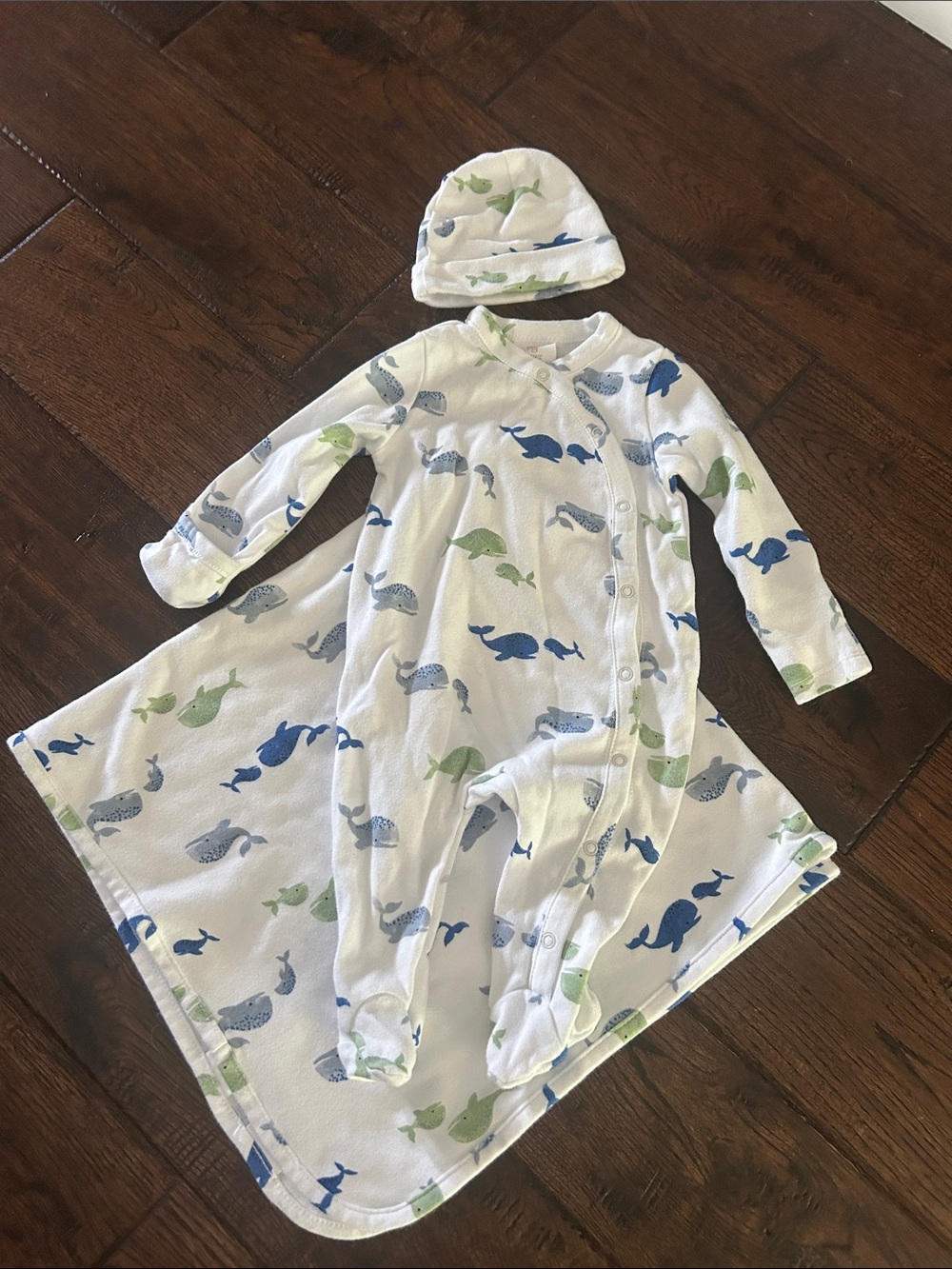 White Baby Sleep Gown & Cap Set with Blue and Green Whale Print